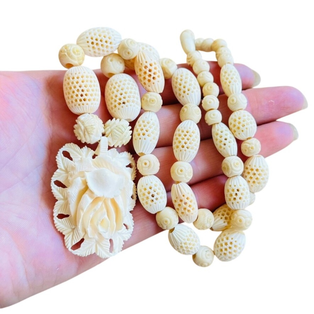 VTG Rose Flower Necklace Carved Bone Netted Barrel Beaded Rare Collar 1960s 20"